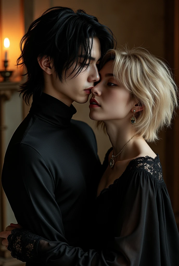 Image of hyunlix with Hyunjin as a vampire with black hair, black eyes, and pale skin, and Felix as a human with blonde hair and brown eyes, in a dark and possessive atmosphere.