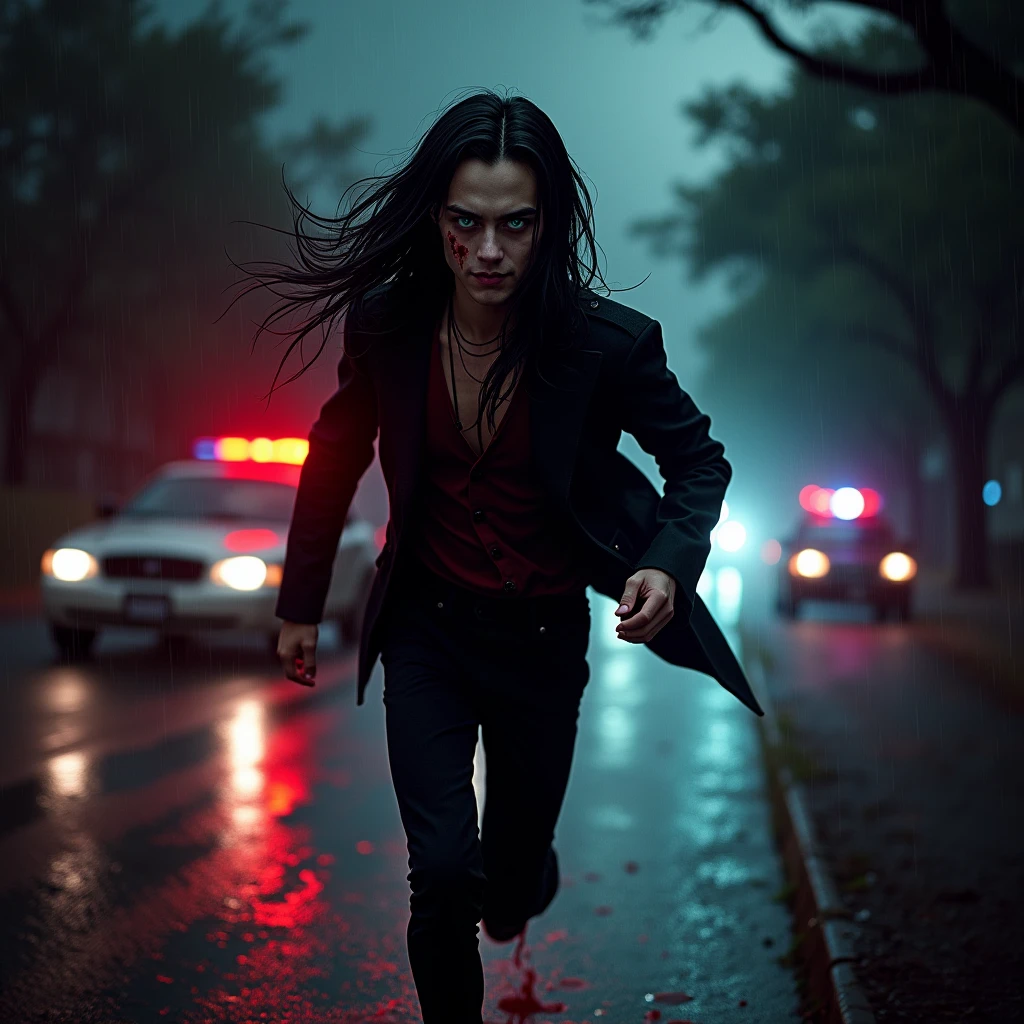 A young sexy male with delicate facial features, long black hair, teal blue eyes, long eyelashes, and gothic black and red clothes. He's a long-wanted serial killer. ((((scary)))) Blood. malicious, insane expression. No facial or body hair. Anime. ((((((((Male, boy)))))))) (Horror) BITCH, MAKE IT MALE. Cops are trying to catch after him. Running. Raining. Vampire. Dark. Red highlights. Red sky. Mysterious. Midnight. Cartoon. Police ran after him. Smirking. Bloody. Red highlights. Red. Blood pouring down. Police cars. Guns. Sirens. Anime style. Horror. 19-year-old. Run to the camera.