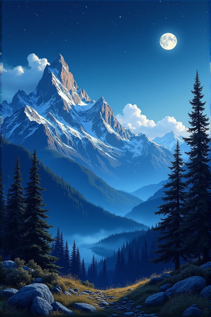 A painting of mountains and trees with a nighttime atmosphere.