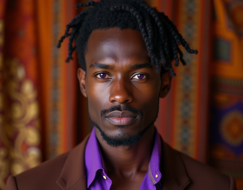 headshot of clean shaven very tall French-Nubian featured male model, relaxed waves parted to the side hair, toned body, ebony skin, vibrant purple eyes, tall thin toned body. Kind expression. Wearing brown and purple clothes.