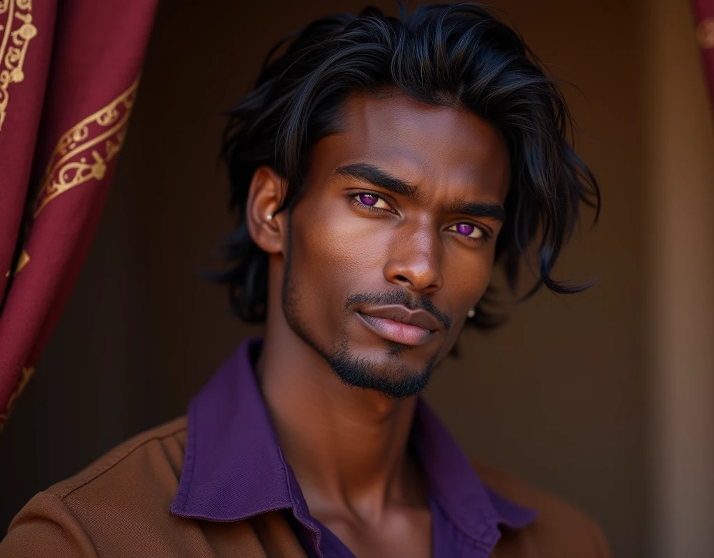 headshot of clean shaven very tall French-Nubian featured male model, relaxed waves parted to the side hair, toned body, ebony skin, vibrant purple eyes, tall thin toned body. Kind expression. Wearing brown and purple clothes.