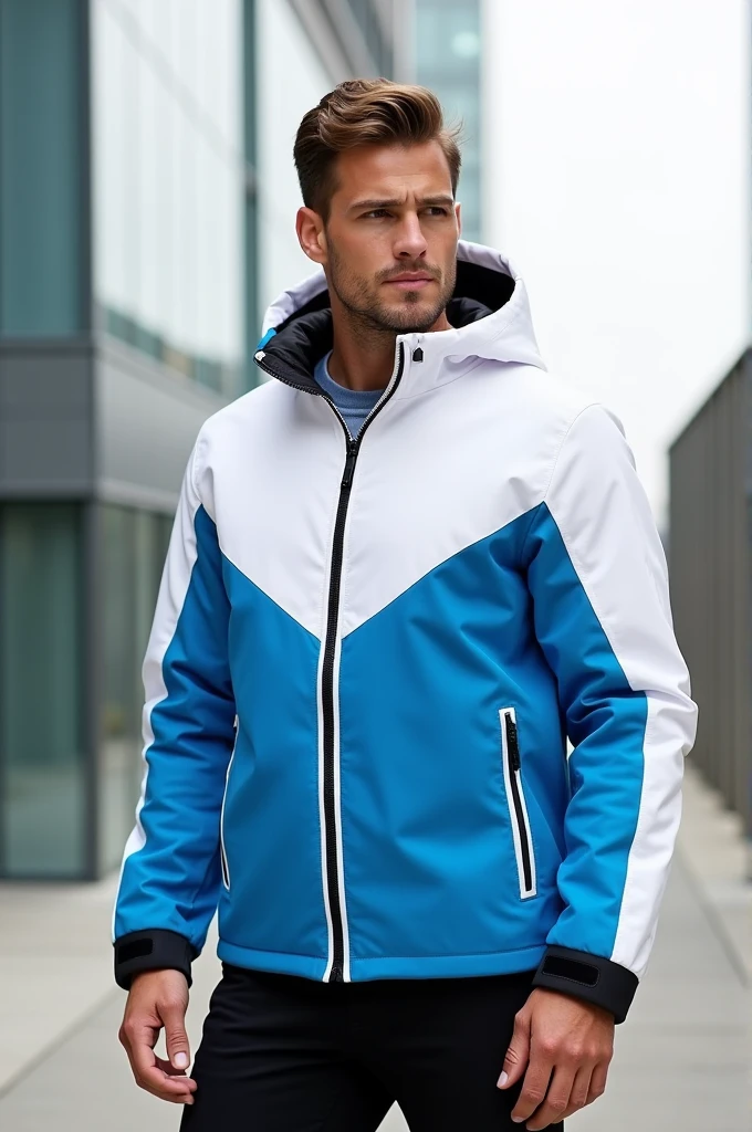 Create a mock neck zip puller man's jacket, base white , side panels blue and down panel, zip binding, sleeve white, sleeve cuff 2 inch black wearing by a man