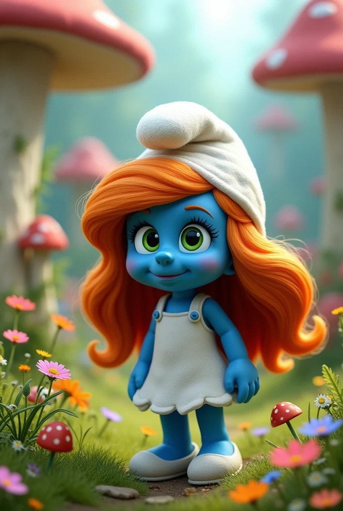Smurfette with green eyes and orange hair
