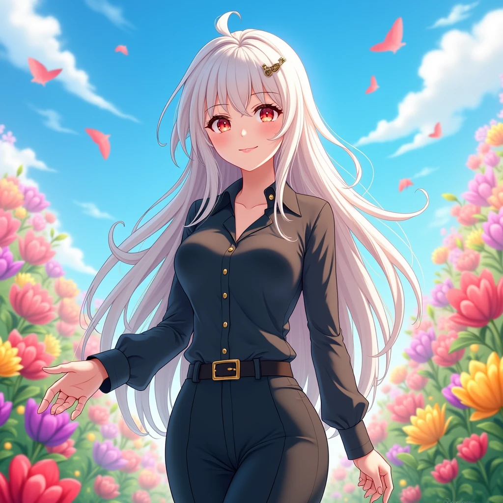 Sora is a fair-skinned woman, long white hair and red eyes. She wears a black blouse with a collar up to her neck and long sleeves., black pants and black shoes. She is smiling gently in a sunny flower park with blue sky.