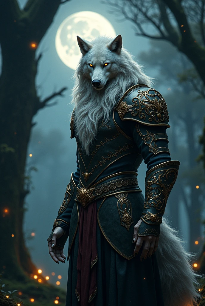 a human werewolf, warrior with silver hair and golden eyes
