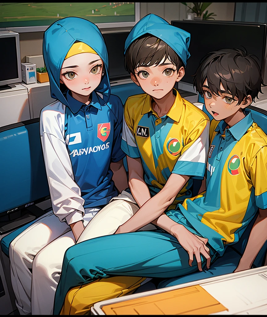Two seventeen year old boys and girls wearing Bangladeshi cricket jerseys are watching the game on TV. They are sitting in front of the TV. The girl is wearing hijab.