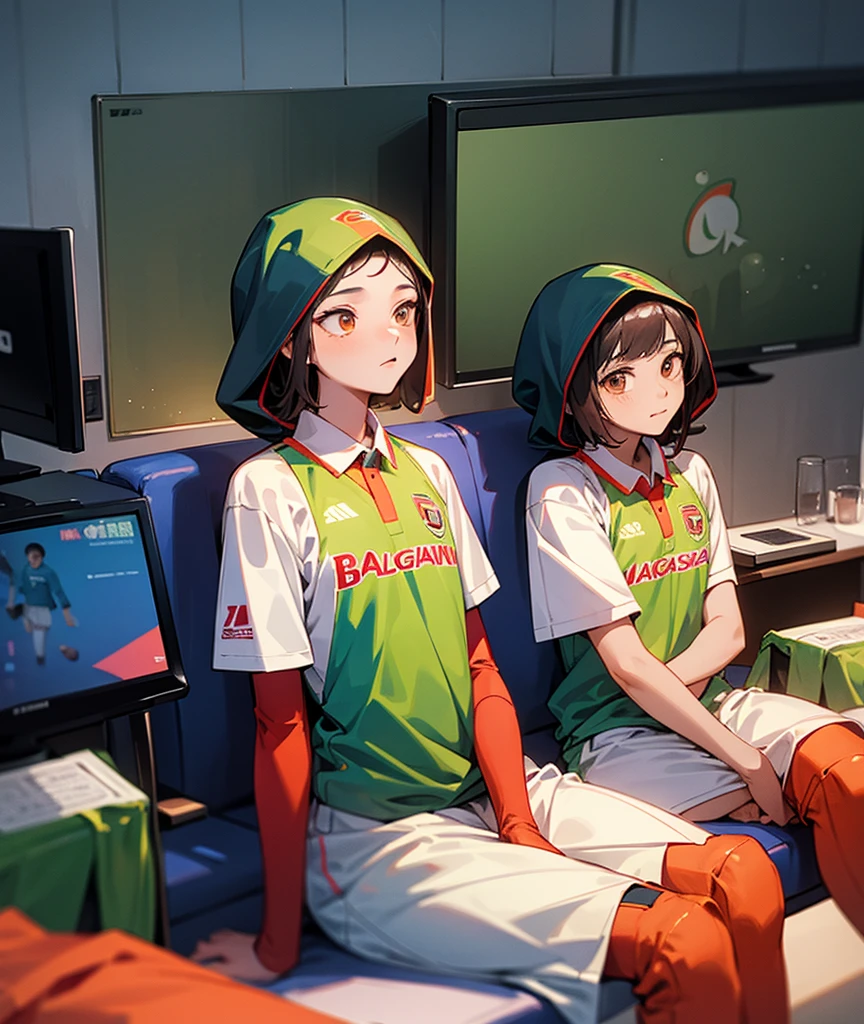 Two boys and girls wearing Bangladeshi cricket jerseys are watching the game on TV. They are sitting in front of the TV. The girl is wearing hijab.