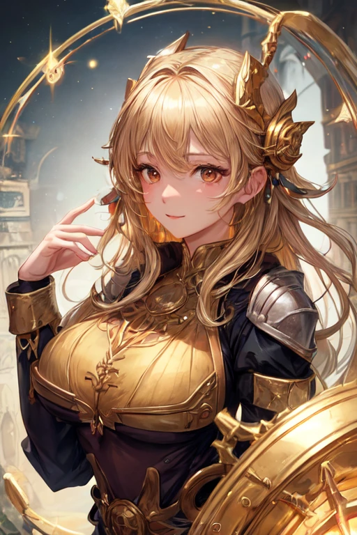 A beautiful alchemist girl with golden hair, brown eyes, and a large bust.