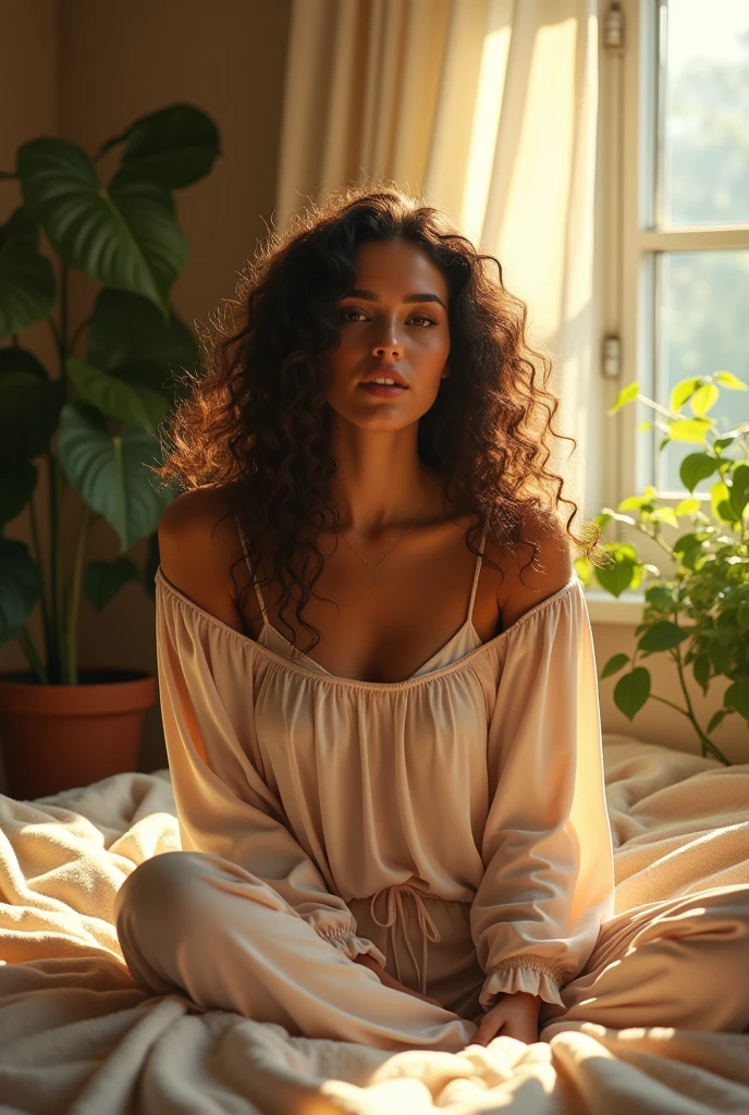 (photorealism:1.2), beautiful woman, sitting on bed, wearing loose off-shoulder top, pajama pants, long curly hair, indoors, soft lighting, plants in background, window with sunlight, cozy room, relaxed pose, realistic, intricate details, warm colors, by Greg Rutkowski, by Alphonse Mucha