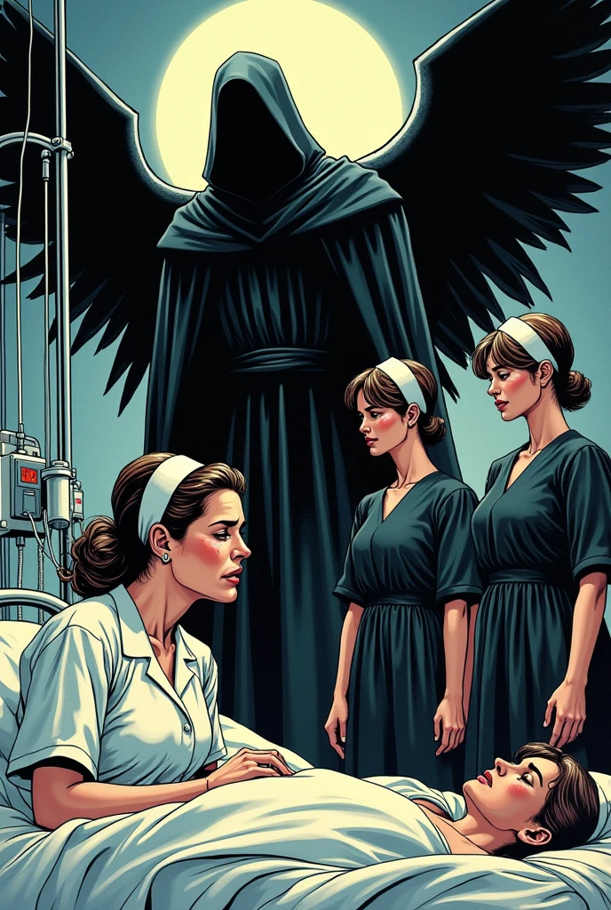 kirbywood, fee, Old, colorful comic books about a nurse working in a hospital, A nurse cries, behind her stands the reaper, the Angel of Death. Three nurses stand before her, weeping and dressed in black, while beside them is a bed with an unconscious patient connected to a ventilator.
