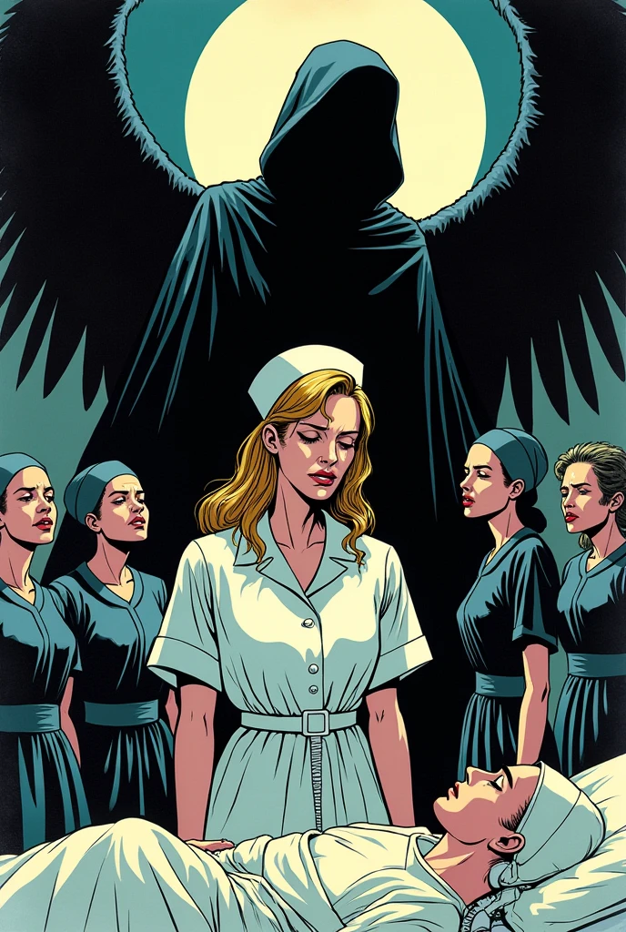 kirbywood, fee, Old, colorful comic books about a nurse working in a hospital, A nurse cries, behind her stands the reaper, the Angel of Death. Three nurses stand before her, weeping and dressed in black, while beside them is a bed with an unconscious patient connected to a ventilator.