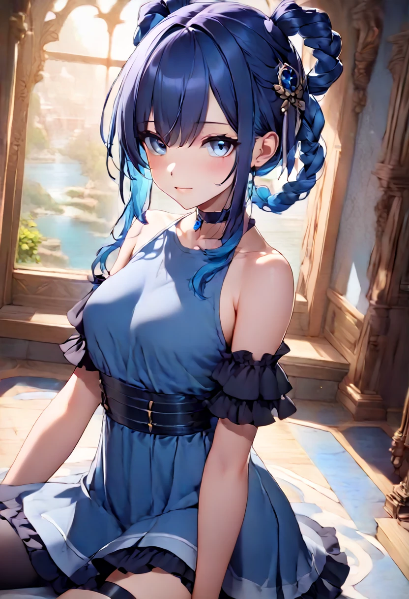 (masterpiece:1.2), best quality, high resolution, unity 8k wallpaper, (illustration:0.8), (beautiful detailed face:1.2, beautiful detailed eyes:1.2), perfect lighting, extremely detailed CG, (perfect hands, perfect anatomy), 
aqua_a,  long hair, blue hair, hair rings, blue eyes, hair ornament, choker, bare shoulders, green bow, blue shirt, detached sleeves, blue skirt, thighhighs,