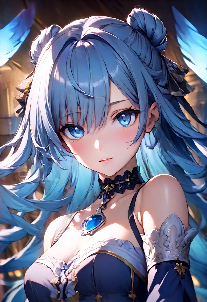 (masterpiece:1.2), best quality, high resolution, unity 8k wallpaper, (illustration:0.8), (beautiful detailed face:1.2, beautiful detailed eyes:1.2), perfect lighting, extremely detailed CG, (perfect hands, perfect anatomy), 
aqua_a,  long hair, blue hair, hair rings, blue eyes, hair ornament, choker, bare shoulders, green bow, blue shirt, detached sleeves, blue skirt, thighhighs,