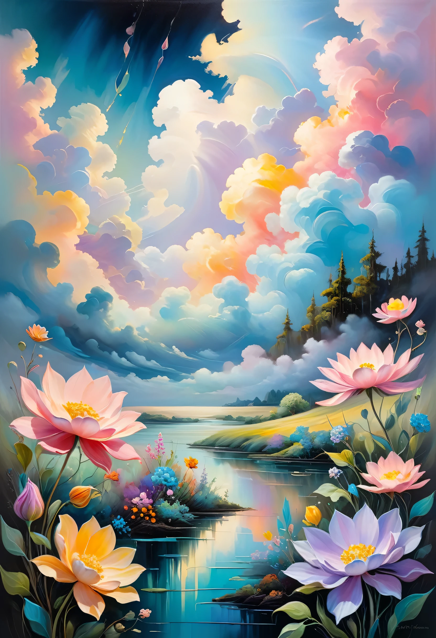 (((Stylistically diverse))), detailed scenes, quirky twist, unique visuals, clouds, and flowers, abstract, surreal âPainted light, âPastel colours, â, âIsolated subjects, â âinnocent colours, Soft Lighting, heavy inky shadows, detailed and intricate environment, A masterpiece, tracing effects, oil painting aesthetic, heavy brush strokes, mystical allure, Oil painting âImpressionistic, â âImpressionistic.âBeautiful details, stylized art aesthetic, Broken Glass effect, no background, stunning, something that even doesn't exist, mythical being, energy, molecular, textures, iridescent and luminescent scales, breathtaking beauty, pure perfection, divine presence, unforgettable, impressive, breathtaking beauty, Volumetric light, auras, rays, vivid colors reflects