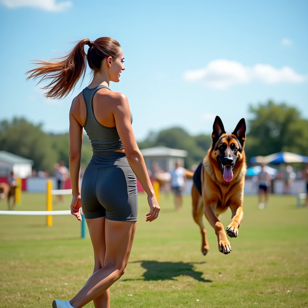a beautiful woman facing forward training her German Shepherd dog , leaping into the air , in the background a dog training facility,