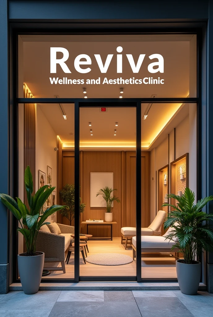 Create an image for an aesthetic clinic with the name Reviva Wellness and Aesthetics Clinic and the line
'Your one stop clinic for skin and body care'
Contact for more information