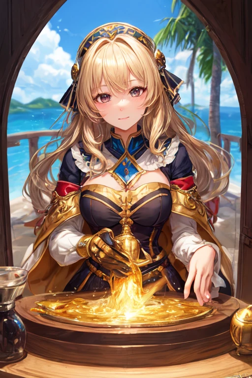 A beautiful alchemist girl with golden hair, brown eyes, and a large bust.