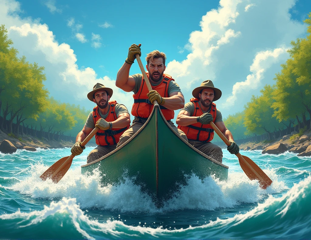 Drawing of 4 workers paddling a canoe with great effort