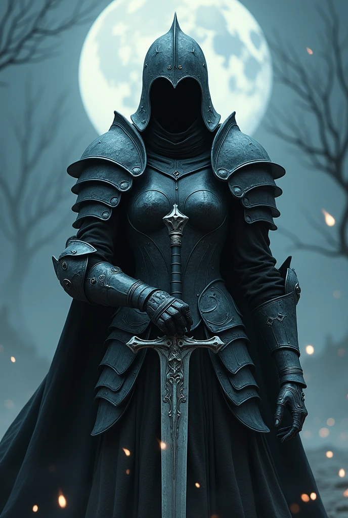 Make a woman wearing death knight armor, she holds a sword that has a MOON symbol on it. She also wears a helmet that doesn't reveal her face.