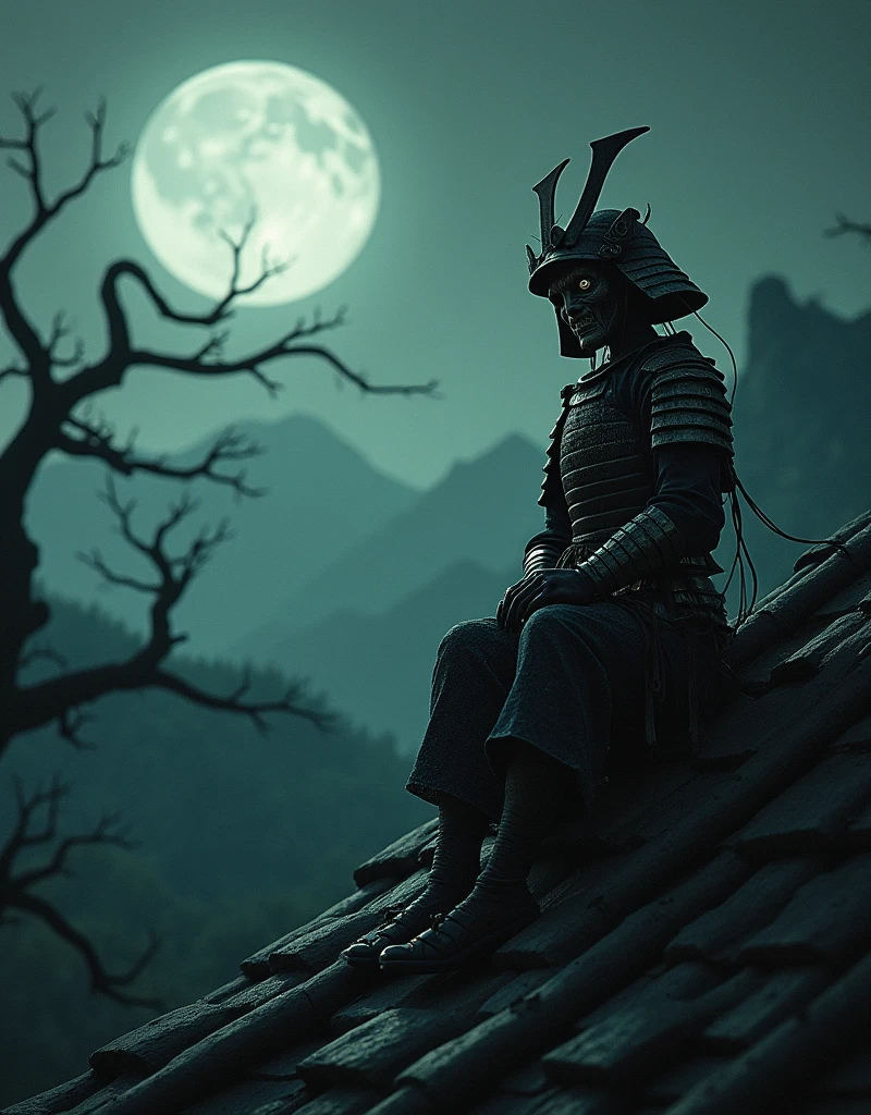 A creepy fairy tale puppet SAMURAI_armor-Japan cartoon character Carlson on a dark, shadowy rooftop, (best quality,4k,8k,highres,masterpiece:1.2),ultra-detailed,(realistic,photorealistic,photo-realistic:1.37),HDR,UHD,studio lighting,extremely detailed,vivid colors,eerie atmosphere,dark white tone,gritty and grainy,horror,concept art,by charlie bowett,albert joseph penaud,dariusz zawadzki,tetsuya ishida,zdzislaw beksinski,patrizia piccinini,mark powell,sven 37