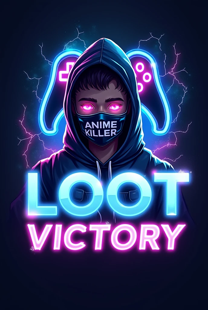 This is a garning logo that features the name "Loot Victory" in a futuristic font and a neon blue color. and Boy wear  a mask on his face"Anime killer" The logo also has a stylized controller Icon and a  play button in the background. The logo is designed to be attractive and eye-catching, and to appeal to gaming enthusiasts and YouTube .