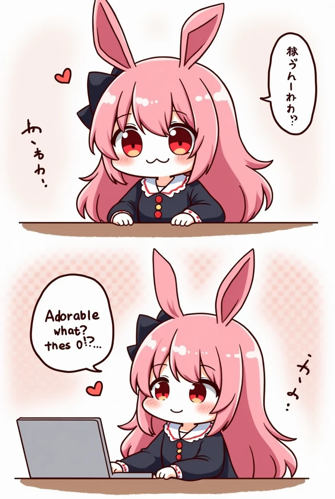 (2comic panels,dot halftone, flat color,), quality\(masterpiece, best quality,8k,wallpaper of extremely detailed CG unit,hight resolution,top-quality,top-quality real texture skin,hyper realisitic,increase the resolution,RAW photos,best qualtiy,highly detailed,the wallpaper\), 1girl\(2.5D,cute,kawaii,small kid,pink hair:1.4,(long hair),(rabbit ear),black long dress with frill,red eyes,big eyes,beautiful shining eyes,skin color white,big black hairbow,watching internet,(smiling and says "Adorable! What does this mean? oh..." with face blushed:1.3)\)