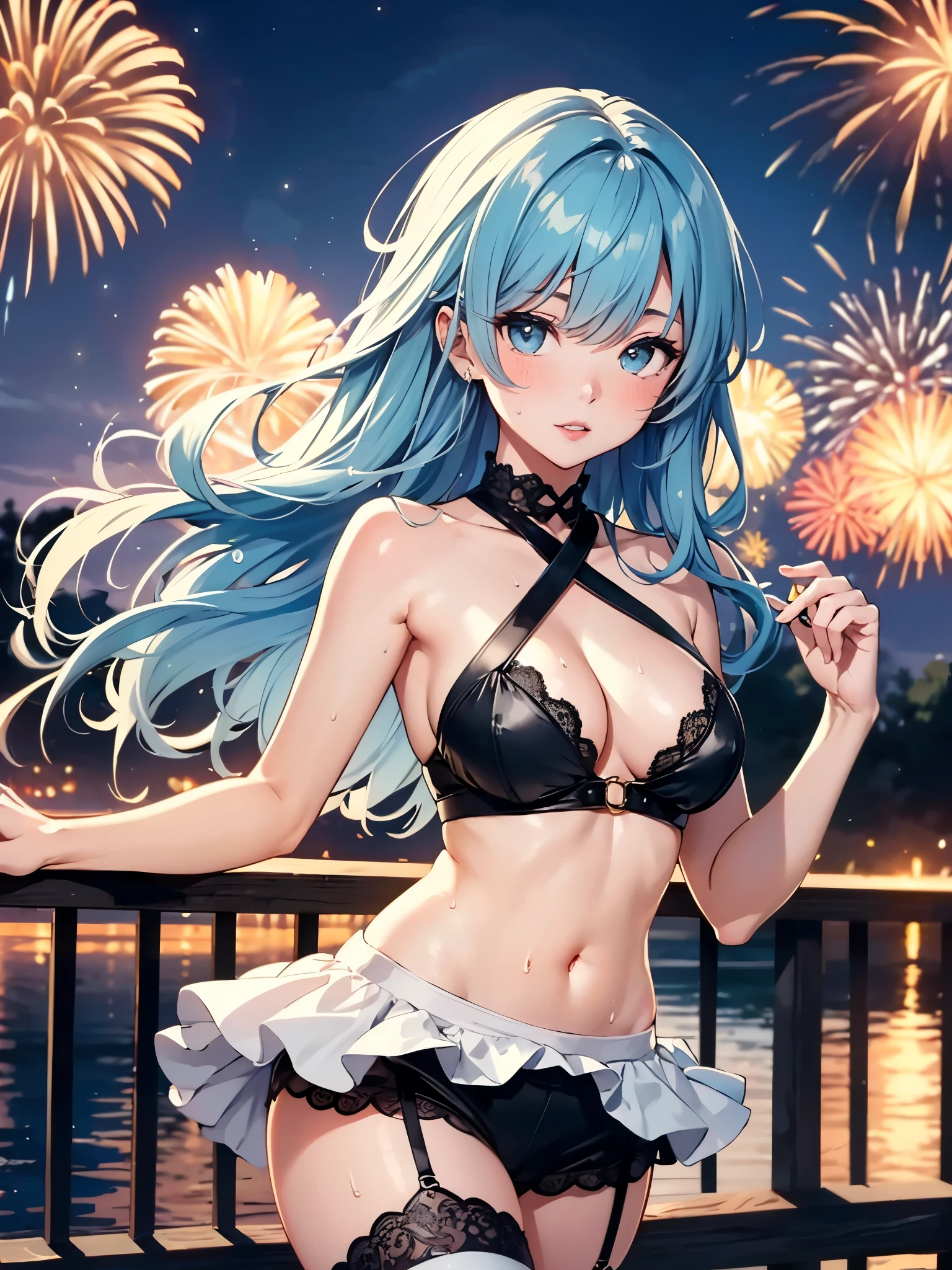 Highest quality、High definition、A very cute beautiful girl、Pretty lips、Very sensual、feminine、Skin like in the picture、Glossy Skin、Various hairstyles、Different hair colors、Flowing hair texture、A beautiful woman with a large amount of milky liquid flowing all over her body、Sweaty、Midsummer clothes、Short skirt、Garter belt and stockings、Blue and pink camisole、chest、Navel costume、Shoulder Bare、Sexy pose、T-back shorts、At the fireworks display、At the foot of the bridge、