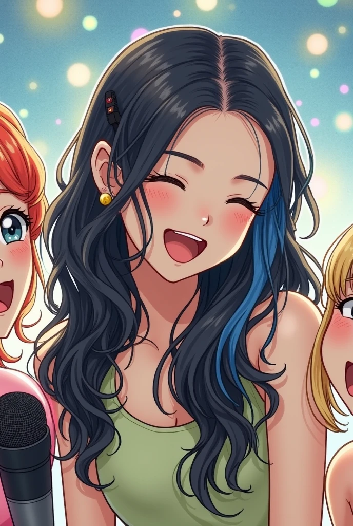 with the microphone in hand and alongside two friends, a redhead, A blonde and a Korean with black hair and blue highlights