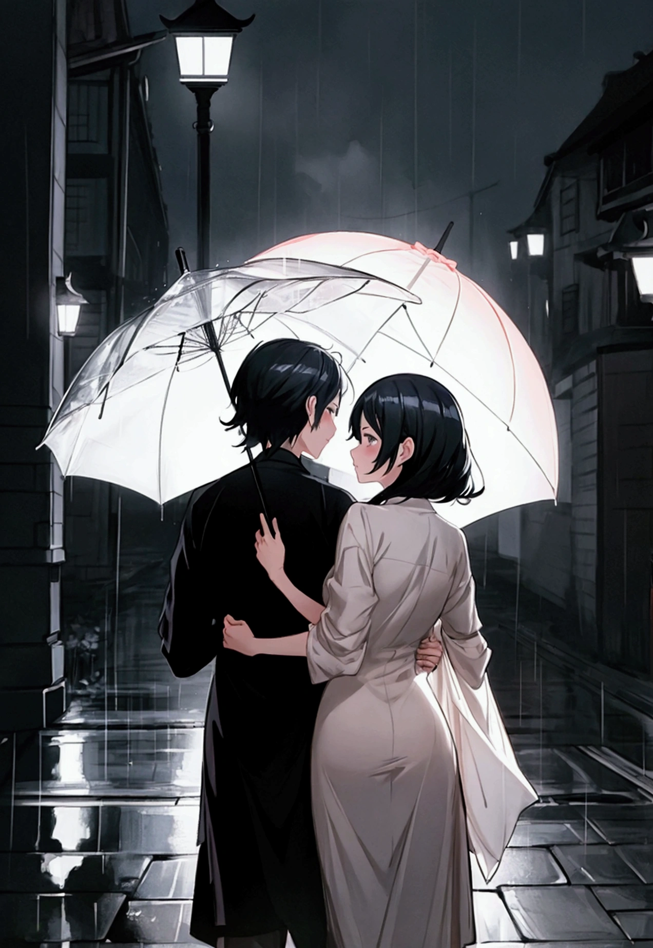 (couple hiding from the rain in a dark path seen from behind under an umbrella), art by atey ghailan, painterly anime style at pixiv, art by kantoku, in art style of redjuice/necömi/rella/tiv pixiv collab, your name anime art style, masterpiece digital painting, exquisite lighting and composition, inspired by wlop art style, 8k, sharp, very detailed, high resolution, illustration