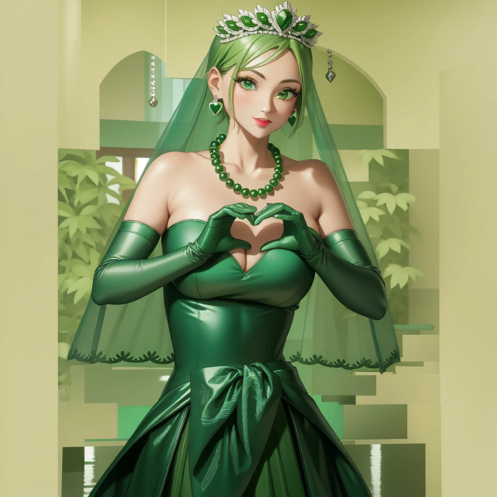 Emerald tiara, Green Pearl Necklace, ボーイッシュな非常に短いGreen Hair, Green Lips, Smiling Japanese woman, Very short hair, Busty beautiful lady, Green Eyes, Green satin long gloves, Green Eyes, Emerald Earrings, Green veil, Heart with both hands, Green Hair, Beautiful Japanese Women, Heart shaped hands:1.3, green lip gloss