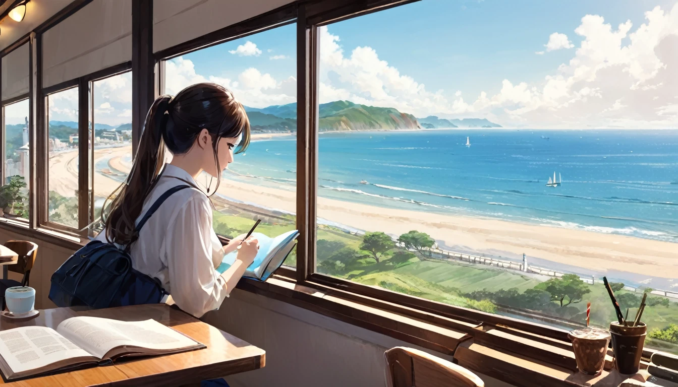 Studying by the window at a cafe。The beautiful coastline view from the window。