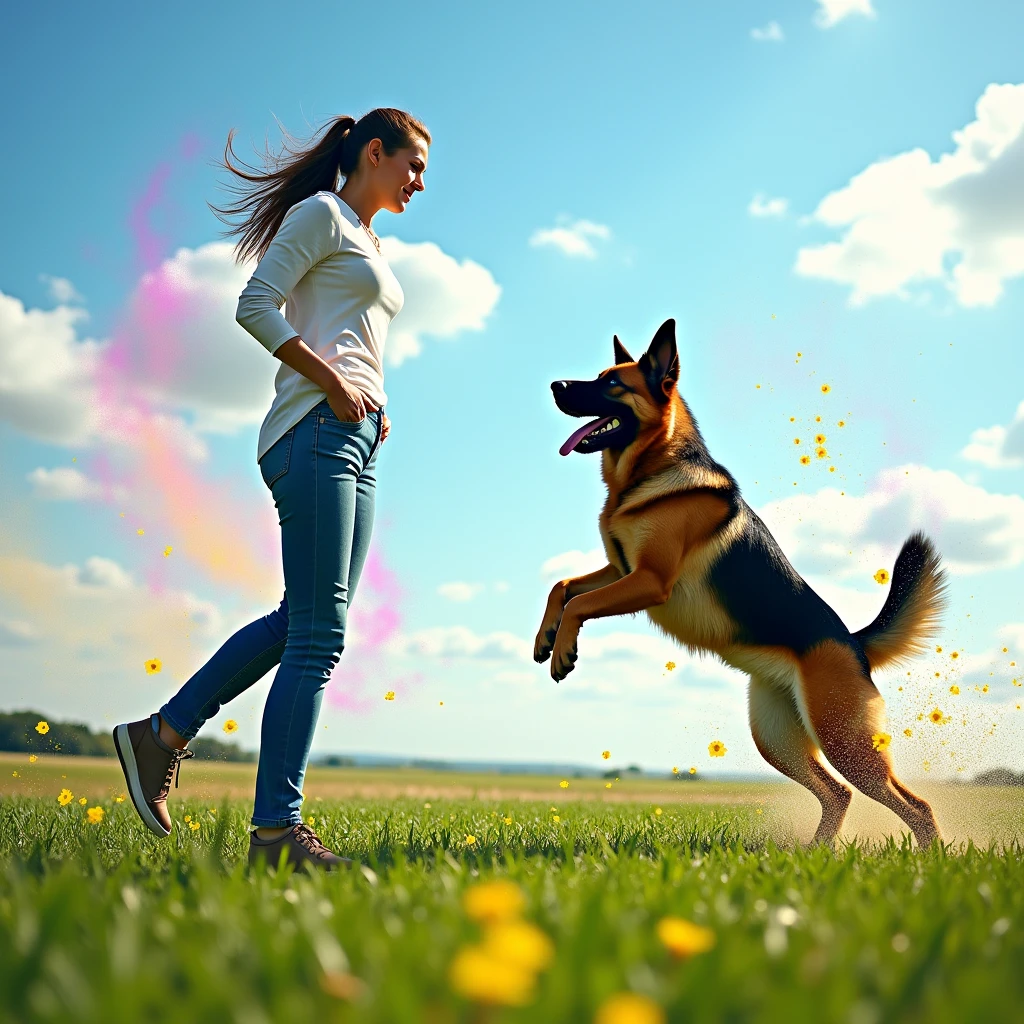 a beautiful woman facing forward training her German Shepherd dog , leaping into the air , in the background a beautiful green field with thousands of abstract colors