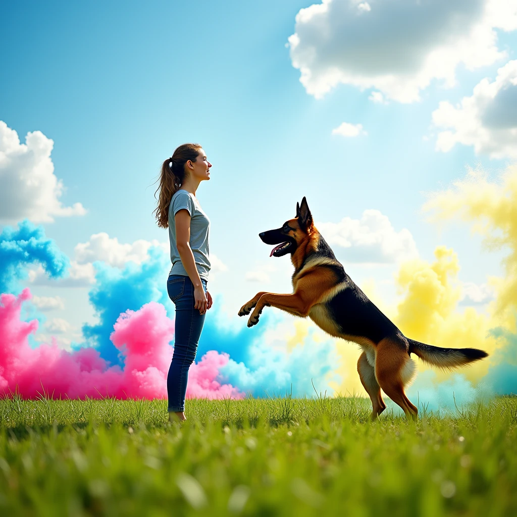 a beautiful woman facing forward training her German Shepherd dog , leaping into the air , in the background a beautiful green field with thousands of abstract colors