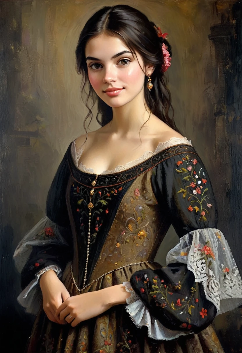 ((art Perez Borrell del Caso style)) very charming young brunette, a slight mysterious smile from the shoulder, a dress with embroidered patterns, 15 century,((Perez Borrell del Caso style)), The dark Renaissance, (fog, very scuffing), ((palette/oil painting palette knife)), ((masterpiece)), single shot, impression:1.2, extreme detail, perspective:1.33, 8k