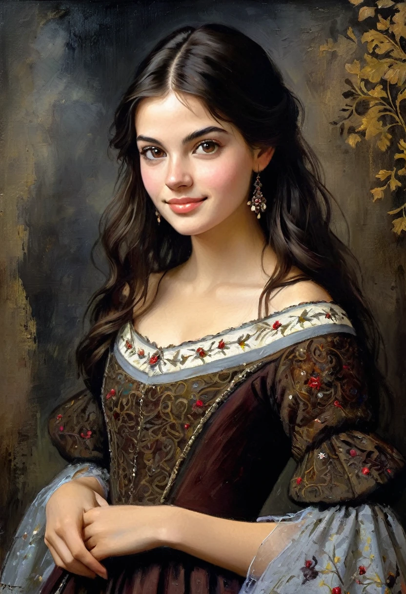 ((art Perez Borrell del Caso style)) very charming young brunette, a slight mysterious smile from the shoulder, a dress with embroidered patterns, 15 century,((Perez Borrell del Caso style)), The dark Renaissance, (fog, very scuffing), ((palette/oil painting palette knife)), ((masterpiece)), single shot, impression:1.2, extreme detail, perspective:1.33, 8k
