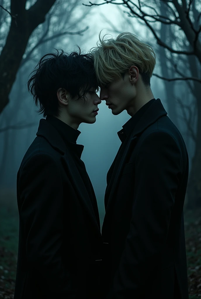 Hyunlix Image(skz) like hyunjin(skz) vampire black hair black eyes slightly white skin and felix (skz) human blonde hair brown eyes in a dark possessive environment