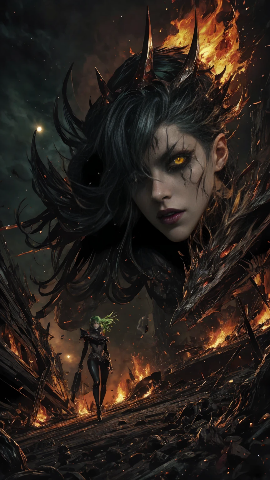 High view, high angle of camera, A beautiful and sexy queen of hell, anime style. walking through a dark, rotten and burnt Hades, showcasing the fiery green hair and thin black horns with incandescent cracks, black tears, golden ornament. Every space and build in the landscape is meticulously rendered, from the most desolate and terrifying hell, creating a visually stunning and immersive world. The overall effect is a terrifying mix of fantasy, glitter and nostalgia, hellpunk and horror anime. 2.5D style anime, close-up, fine quality yellow eyes, fiery yellow eyes without sclera, ultra detailed, Beautiful and aesthetically pleasing, masterpiece, Best quality score, Extremely detailed , dynamic angle, raytraced, middle body, close up, high view, particles and hard lights, angulo picado. green, red, purple and black