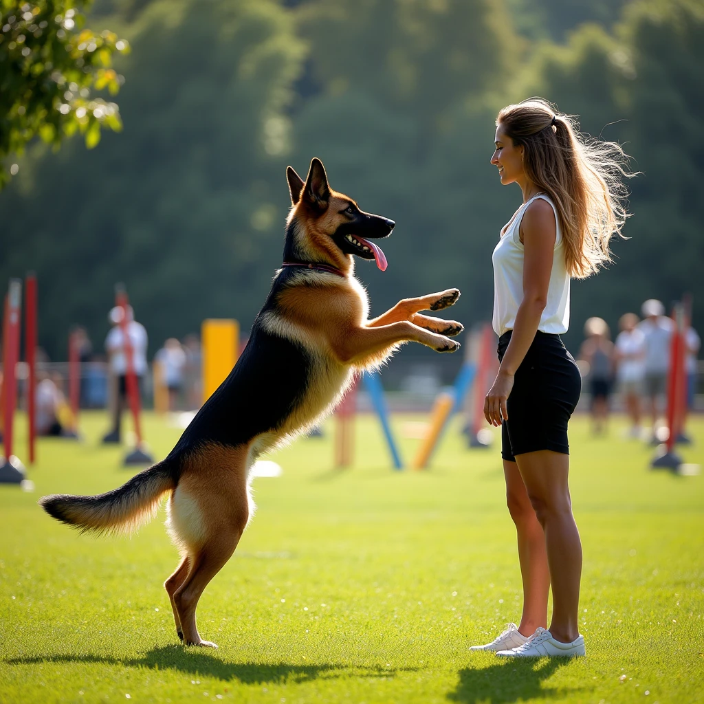 a beautiful woman facing forward training her German Shepherd dog , leaping into the air ,  in the background a dog training facility, 