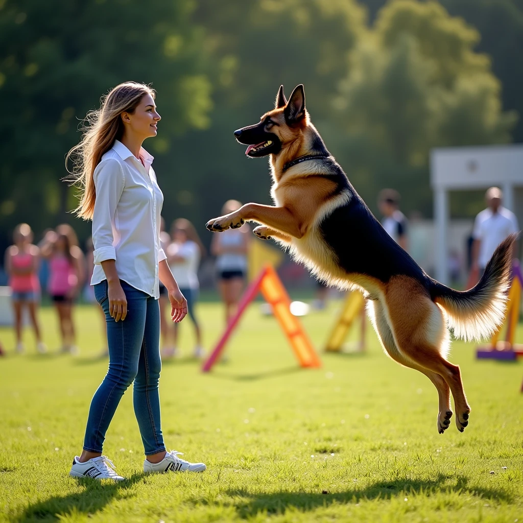 a beautiful woman facing forward training her German Shepherd dog , leaping into the air , in the background a dog training facility,