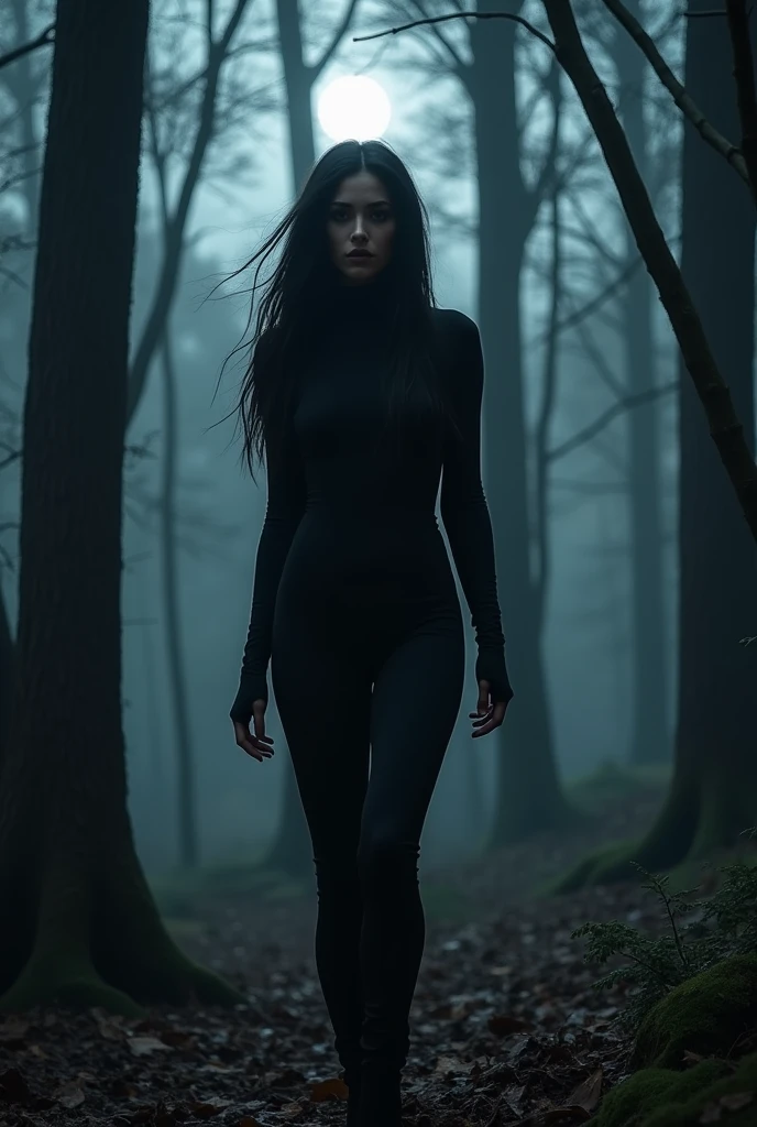Brunette woman in the forest at night, black hair, face partially covered, slender body, black clothes