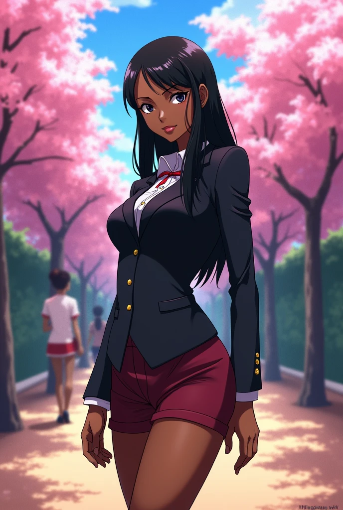 Nico Robin de One Piece, a beautiful black-haired brunette with chocolate skin, with big breasts and a big ass, wearing a school uniform, highlighting her wine-colored panties