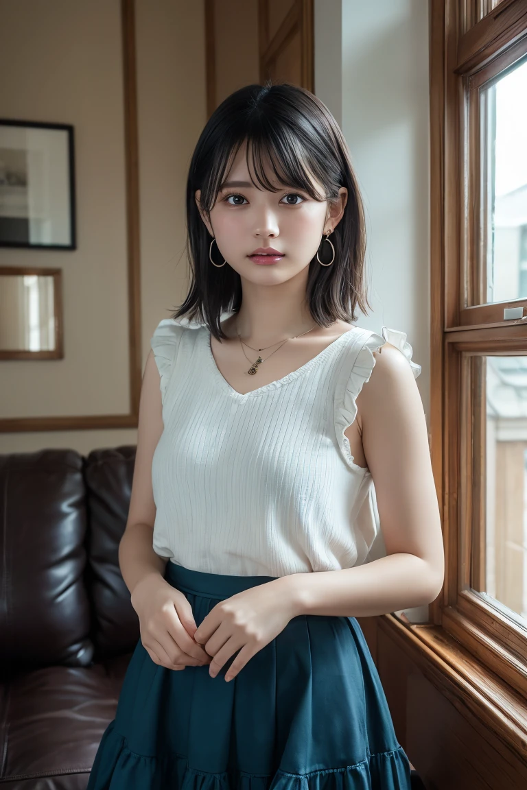 (Highest quality:1.4),(masterpiece:1.4),(Realistic:1.4),(Realistic:1.2),(超High resolution, RAW Photos:1.4),(High resolution, Ultra-detailed:1.2),(8k:1.2),View your viewers,Cinematic photography,One person,skeletally correct,Black-haired woman,Woman in her early 20s,(Small earrings,necklace,2Tiered ruffle sleeveless,Long skirt),(Western-style building interior,Dimly lit room,The lamplight shines on my cheeks,Sit on the sofa)