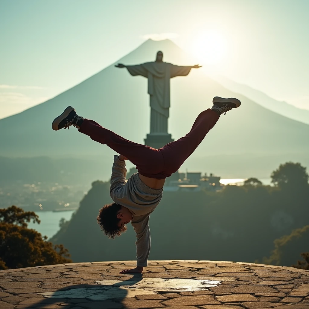 Japanese Bboy dressed in hip hop clothes, performing a breakdance headspin in front of Christ the Redeemer in Rio de Janeiro, with the Statue of Liberty of the United States, with the volcano in sharp focus and the background blurred, creating a cinematic atmosphere. The bboy's pose should convey strength and dynamism, contrasting with the serenity of the mountain. dramatic lighting, with sun rays hitting the bboy and Mount Fuji, Enhancing the Scene. Visual Style: アニメ, cinematographic, realisitic.
