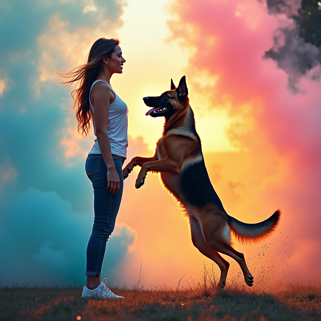 a beautiful woman facing forward training her German Shepherd dog , leaping into the air , in the background, a dog training spot with thousands of abstract colors