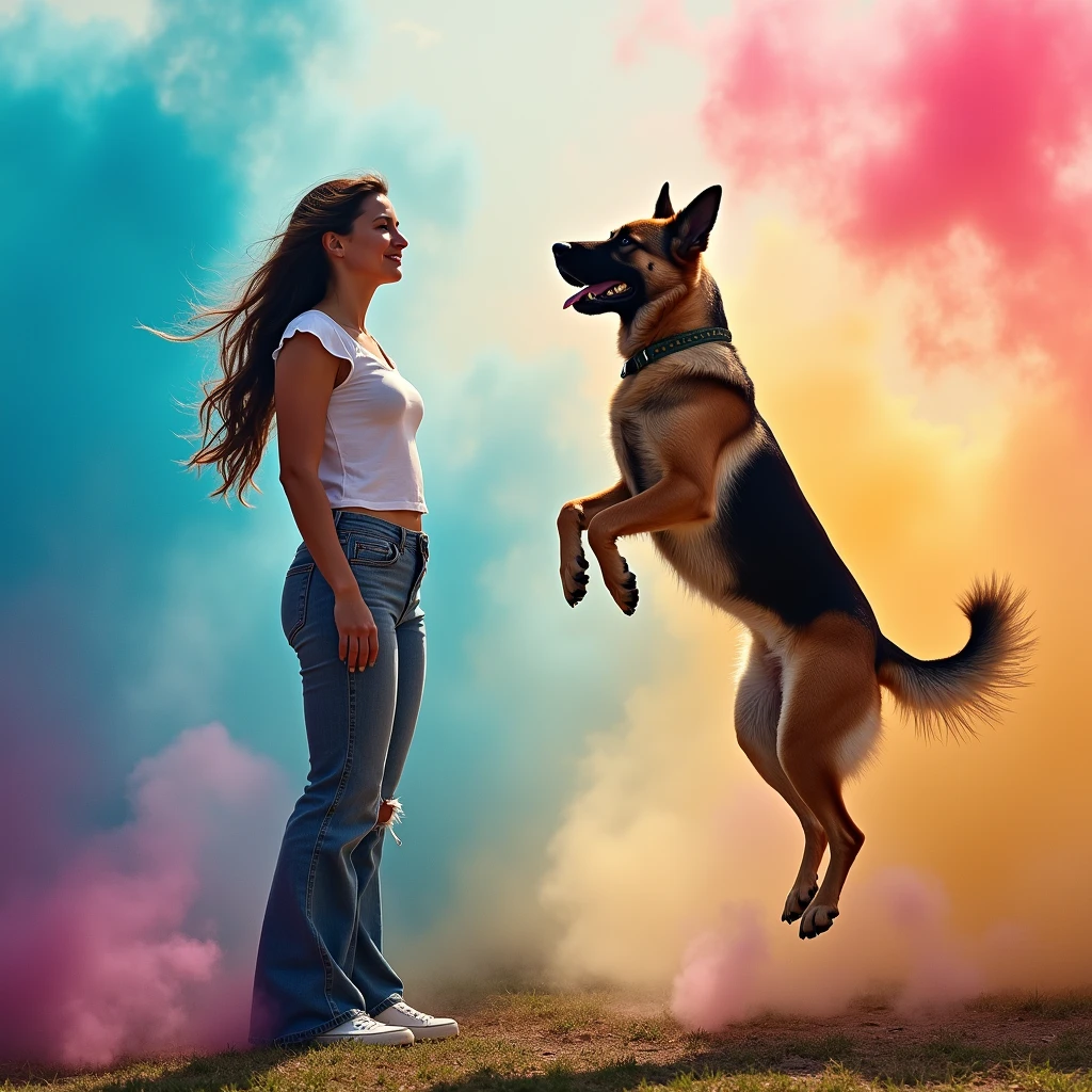 a beautiful woman facing forward training her German Shepherd dog , leaping into the air ,  in the background, a dog training spot with thousands of abstract colors