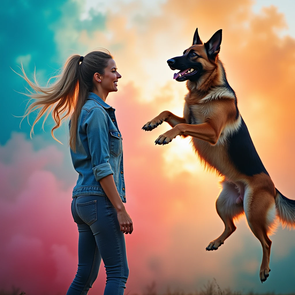 a beautiful woman facing forward training her German Shepherd dog , leaping into the air , in the background, a dog training spot with thousands of abstract colors