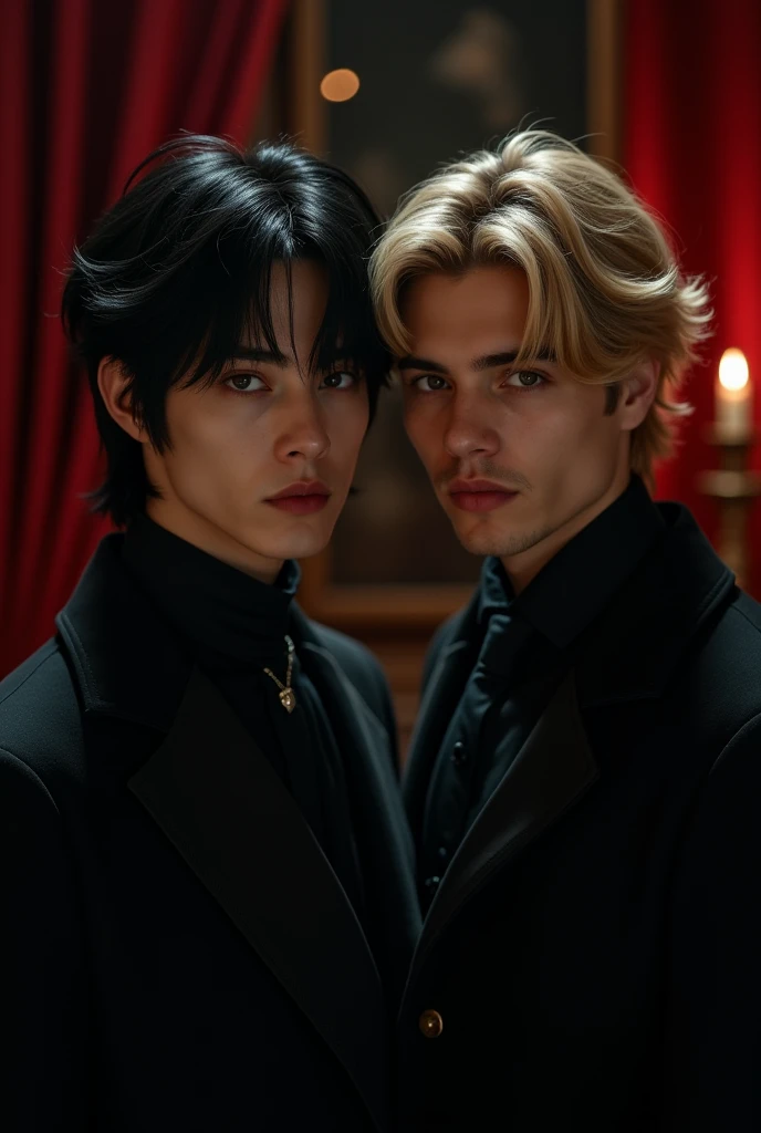 Hyunlix Image(skz) like hyunjin(skz) vampire black hair black eyes slightly white skin and felix (skz) human blonde hair brown eyes in a dark possessive environment