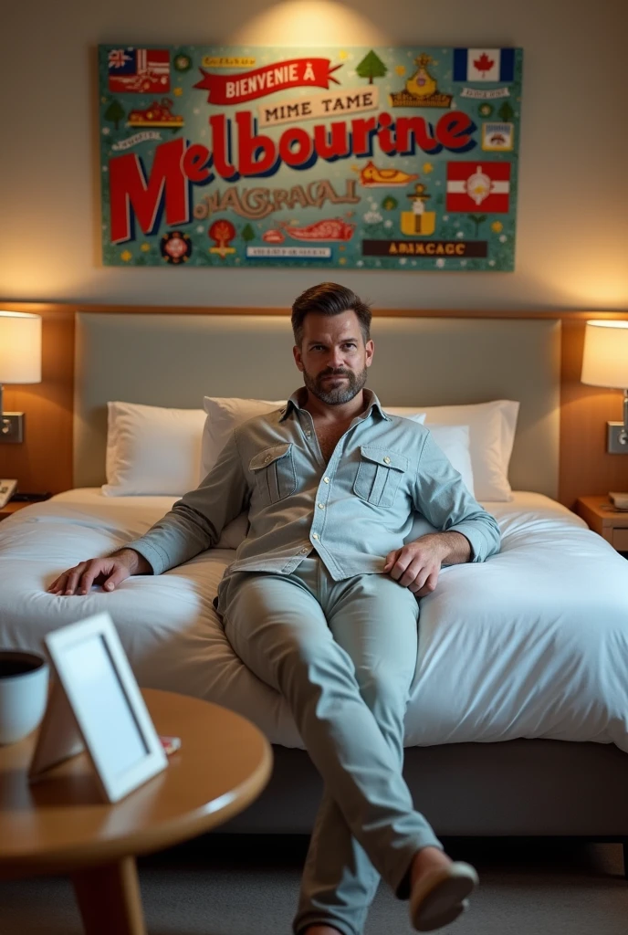 Homme caucasien grand de taille, charmant, un peu costaud, habillé en pantalon et tee-shirt manche longue, assis ou adossé sur une table dans une grande chambre d'hôtel et sur la table sur laquelle est assis ou adossé le charmant homme il faut qu'il y ait un papier mouchoir déjà utilisé sur la table et sur le lit de l'hôtel qu'il soit déposer un cadre photo grand ou moyen qu'il est possible de faire arrêter sur le lit et faire face à la caméra et sur le mur du chevet du lit un tableau sur lequel il est écrit en français : Bienvenue à Melbourne AUSTRALIE et autour de la phrase qu'il y ait les emblèmes du Canada Québec ou le drapeau du Canada Québec