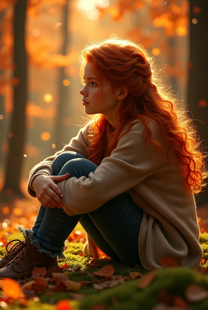 Image of a redhead girl hugging her knees with her face turned sideways resting on her knees looking at a beautiful reddish forest