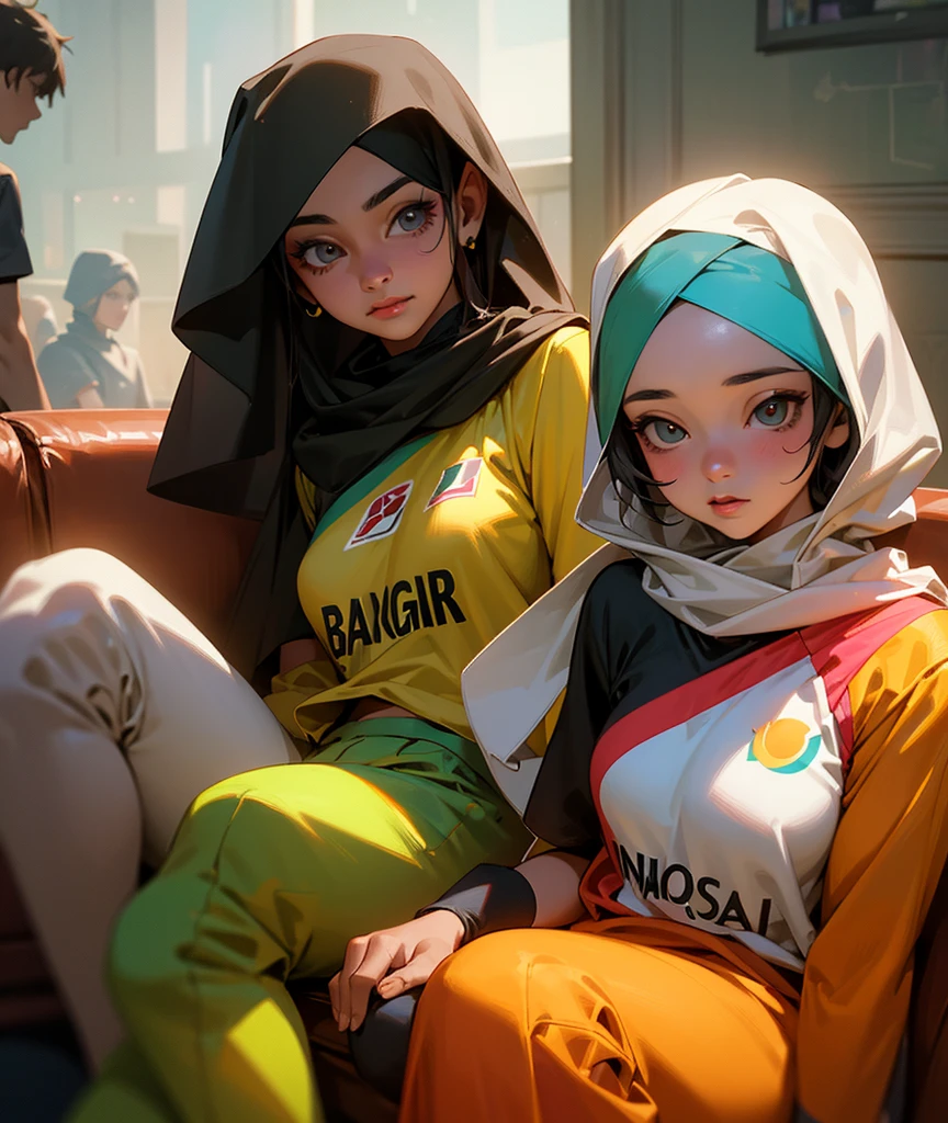 a group of agers in bangladeshi cricket jerseys watching tv, 2 boys and 2 girls, one girl wearing hijab, detailed facial features, sitting on couch, realistic, photorealistic, 8k, highres, ultra-detailed, masterpiece, professional lighting, vibrant colors, warm lighting